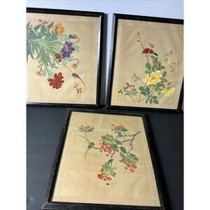Vintage Japanese  Framed Hand Painted BIRD Silk Prints Set Of 3